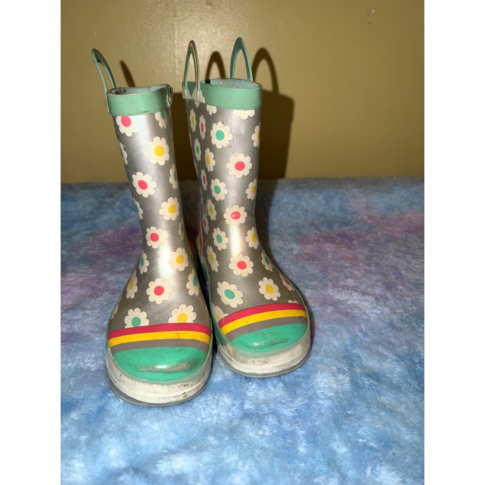Western Chief Kids Silver Daisy Floral Rainbow Waterproof Rain Boots Size 12 - Picture 2 of 6